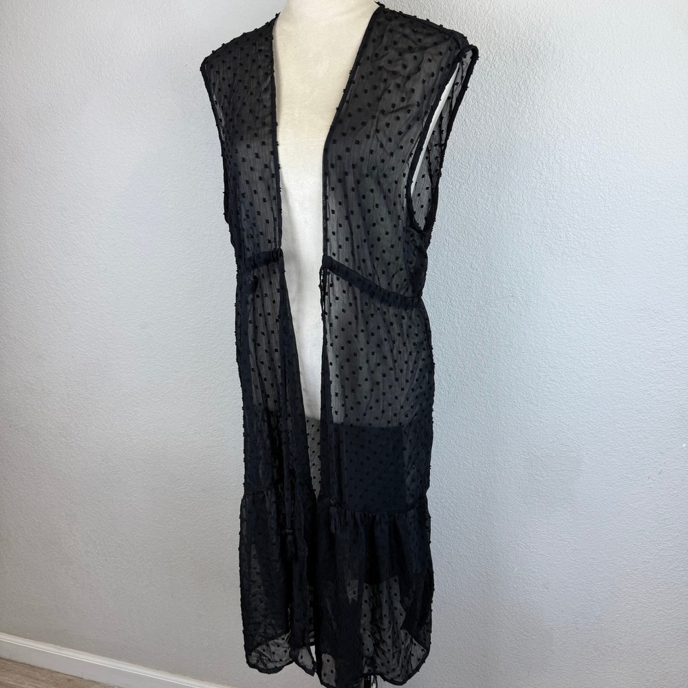 NWT Lauren Conrad Sleeveless Black Dotted Swiss Tassel Tie Waist Duster Cover